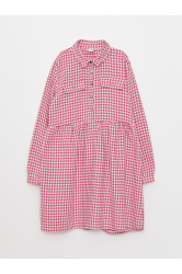 LC Waikiki Shirt Collar Houndstooth Patterned Long Sleeve Girls' Dress