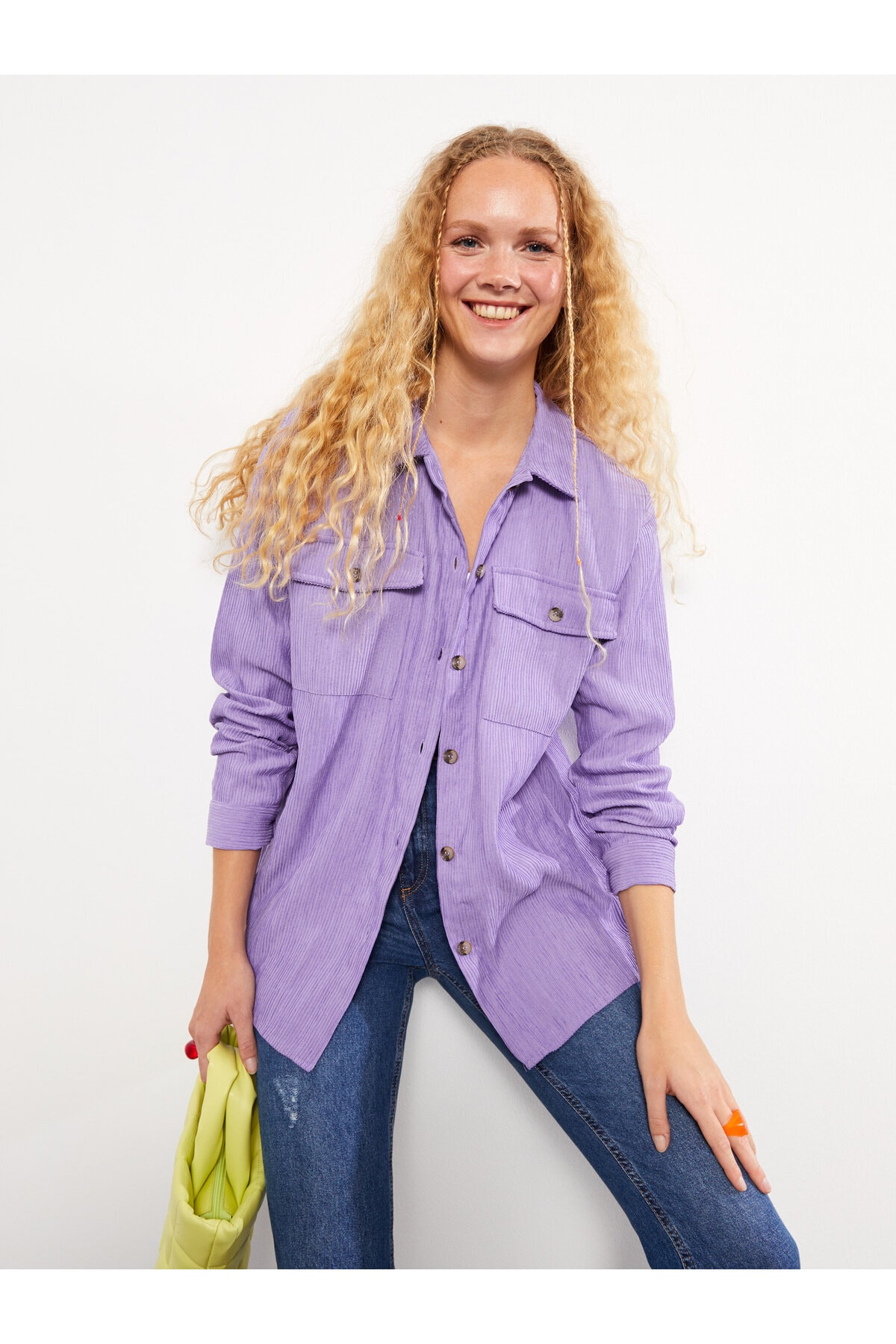 LC Waikiki Women's Front Button Closure Plain Long Sleeve Velvet Shirt Jacket