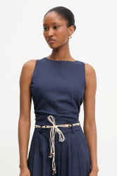 Lněná halenka Answear.LAB dámská, tmavomodrá barva, hladká
