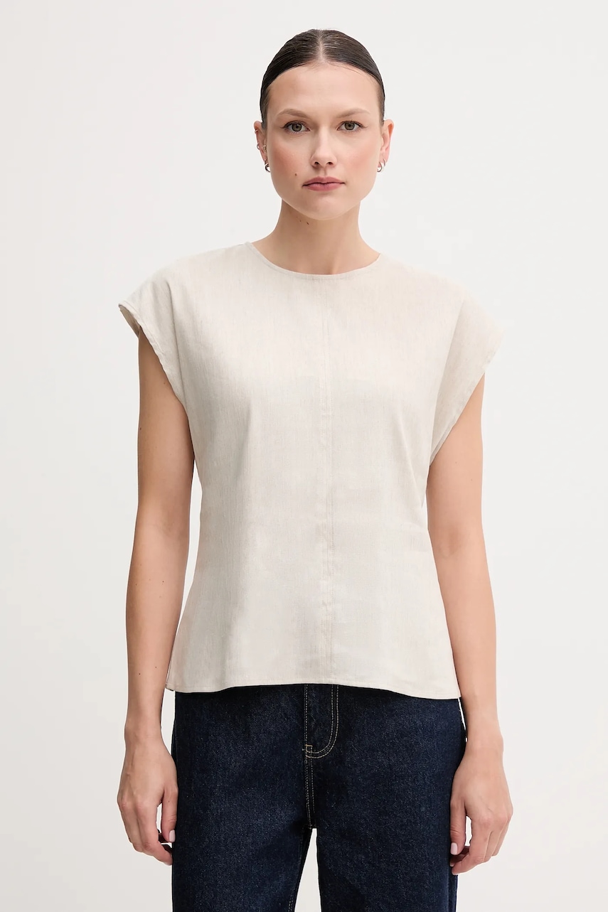 Lněná halenka Calvin Klein dámská, béžová barva, melanžová, LV044B120G