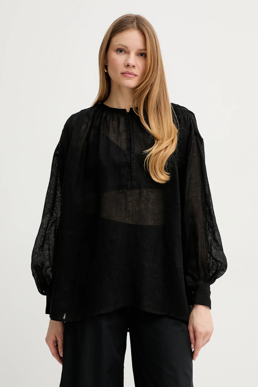 Lněná halenka Luisa Spagnoli dámská, černá barva, hladká, 542157