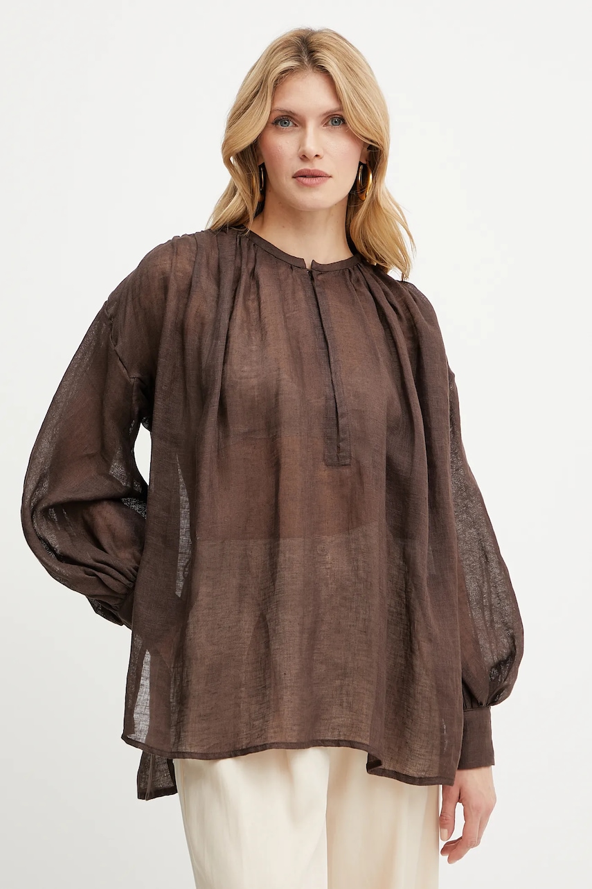 Lněná halenka Luisa Spagnoli dámská, hnědá barva, hladká, 542157