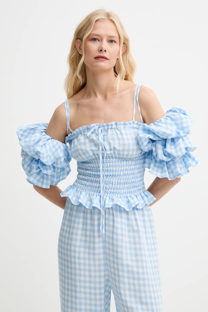 Lněná halenka The Sleeper dámská, modrá barva, vzorovaná, ALTP01G027N