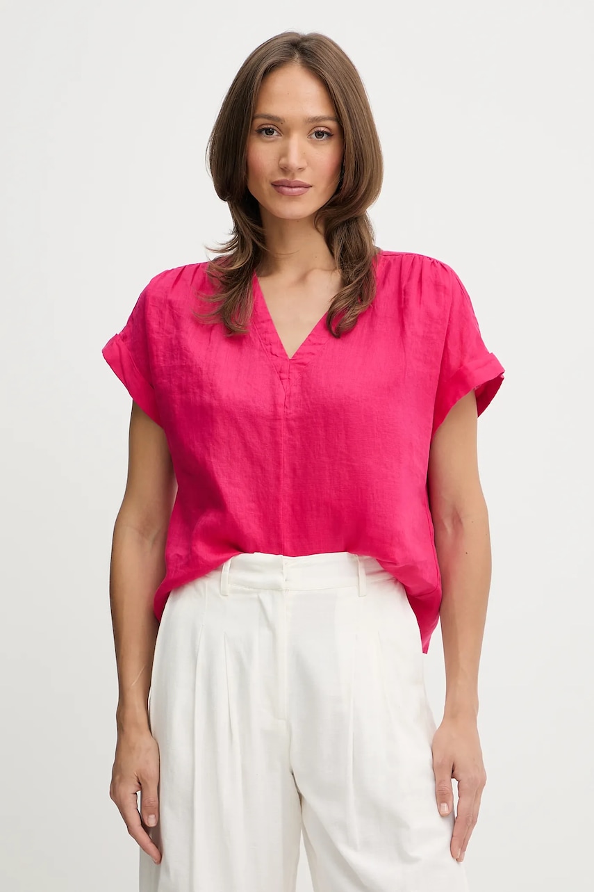 Lněná halenka United Colors of Benetton dámská, růžová barva, hladká, 5BMLDQ0BR