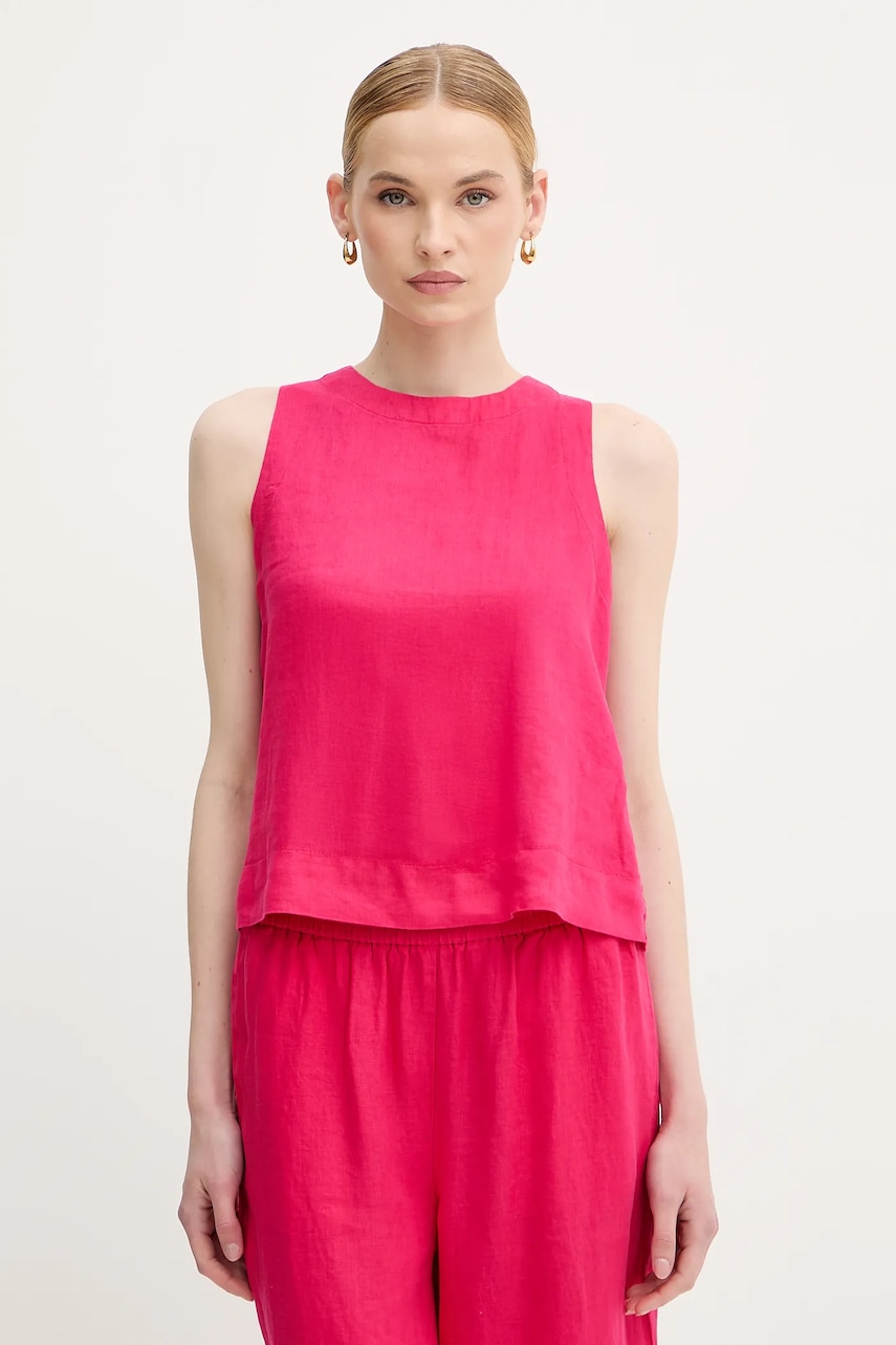 Lněná halenka United Colors of Benetton dámská, růžová barva, hladká, 5BMLDQ0BU