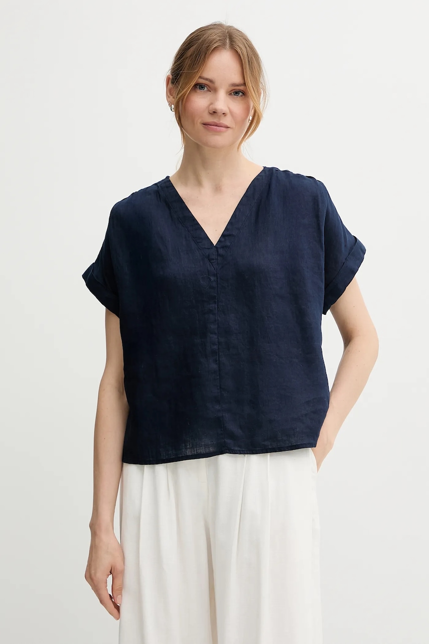 Lněná halenka United Colors of Benetton dámská, tmavomodrá barva, hladká, 5BMLDQ0BR