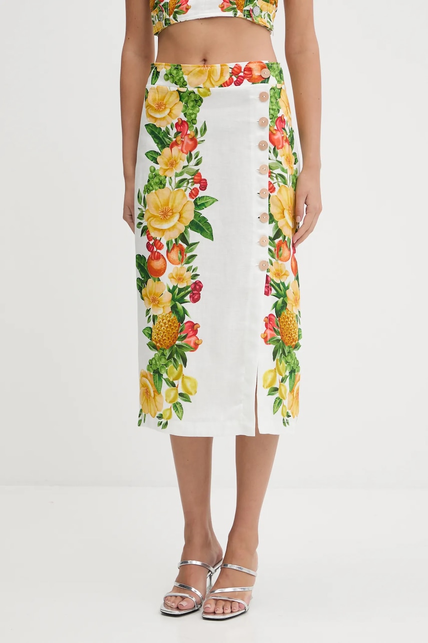 Lněná sukně Farm Rio bílá barva, midi, 335736