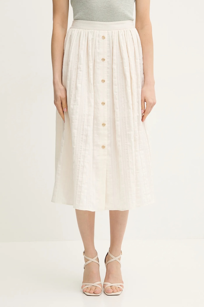 Lněná sukně Twinset béžová barva, midi, áčková, 251TT2143