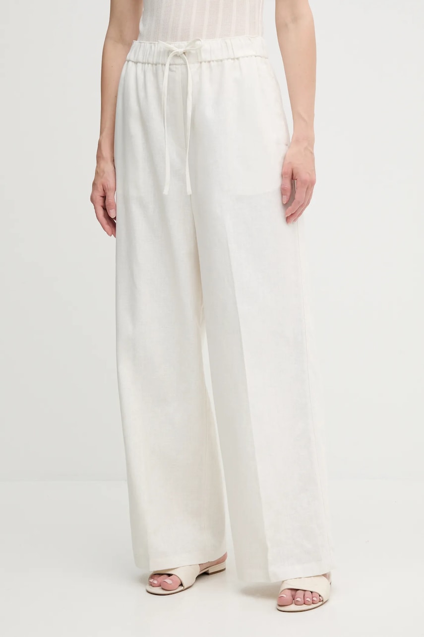 Lněné kalhoty Calvin Klein dámské, béžová barva, široké, high waist, LV044B676G