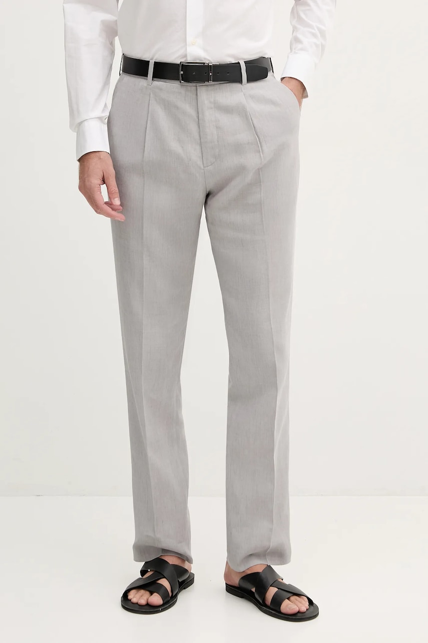 Lněné kalhoty Calvin Klein pánské, šedá barva, přiléhavé, LV04LB448G