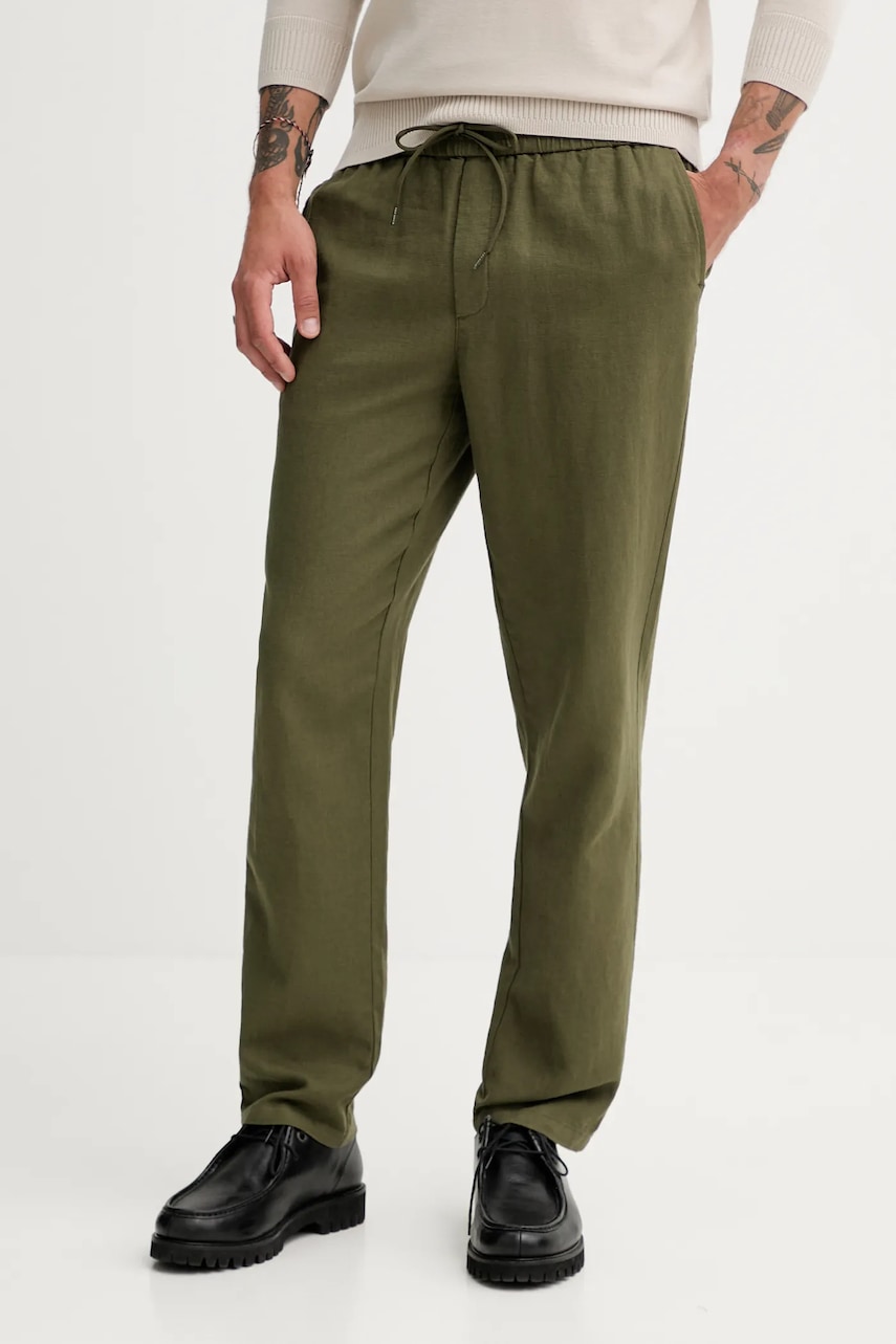 Lněné kalhoty Les Deux Patrick pánské, zelená barva, 1000808