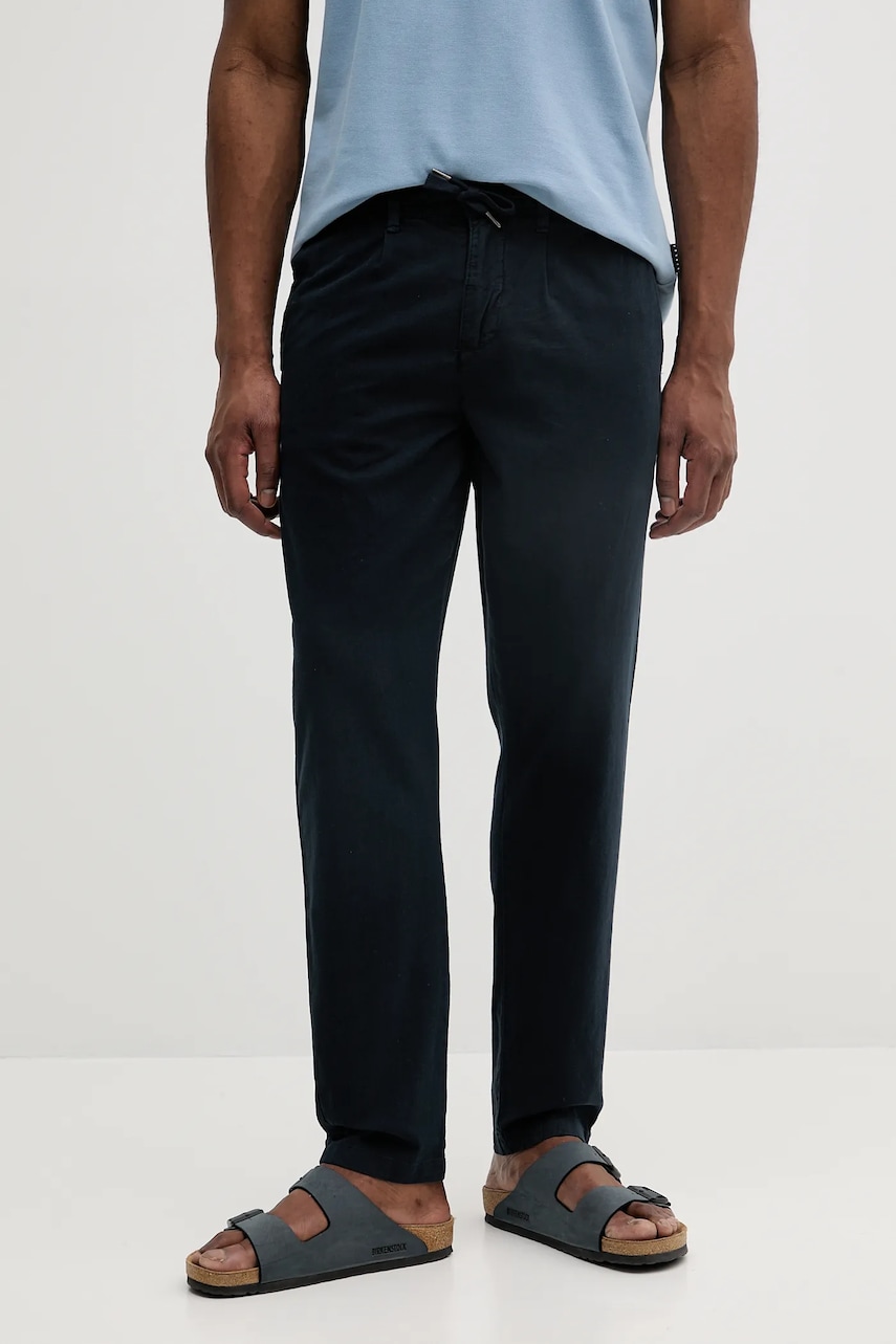 Lněné kalhoty Lindbergh pánské, tmavomodrá barva, přiléhavé, 30-003122A