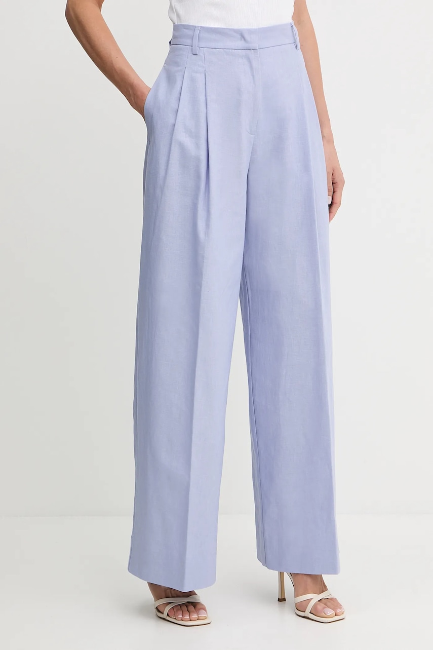 Lněné kalhoty Liu Jo dámské, modrá barva, široké, high waist, WA5076.T1812