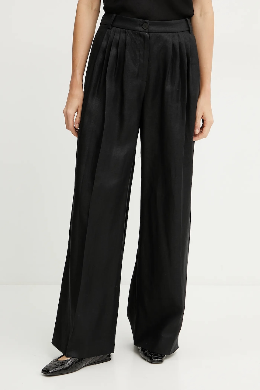 Lněné kalhoty Luisa Spagnoli dámské, černá barva, široké, high waist, 542166