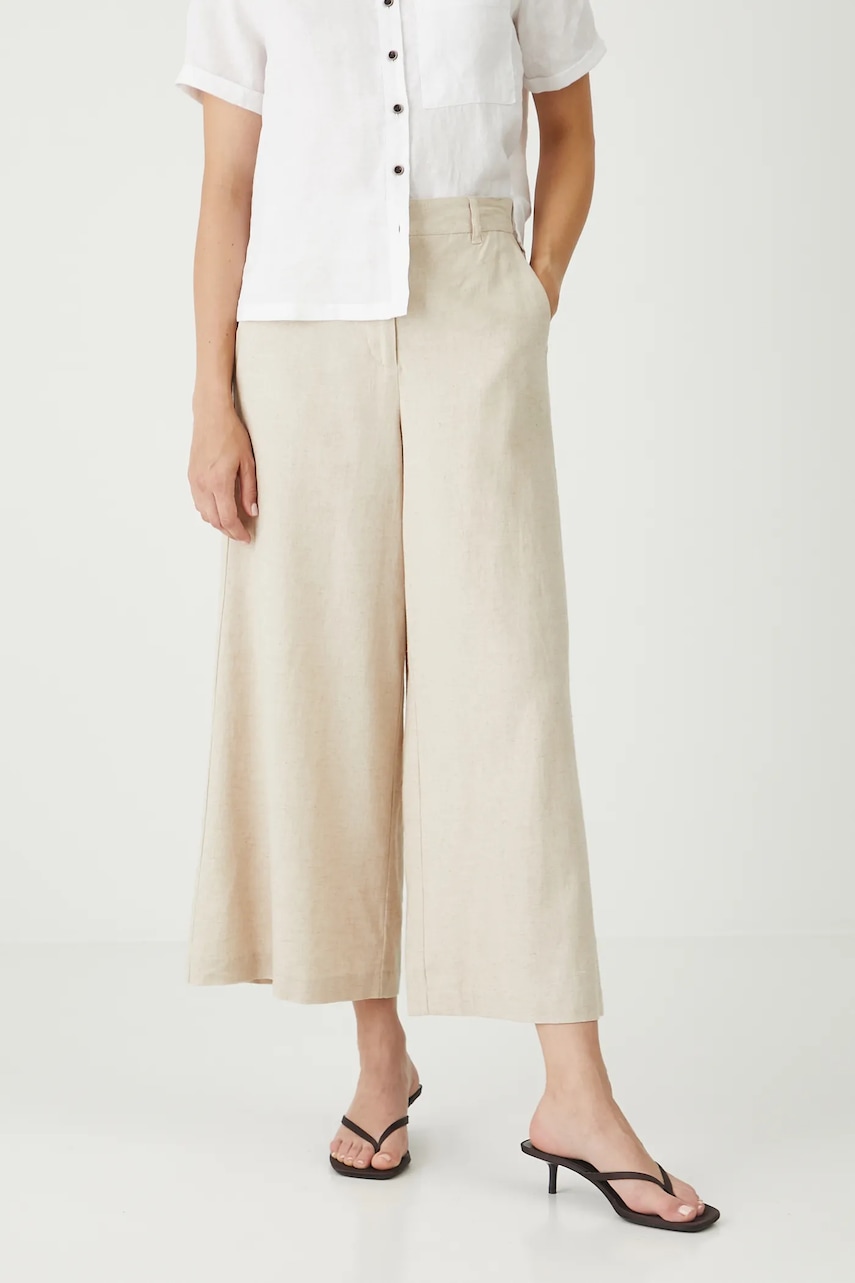 Lněné kalhoty Medicine béžová barva, střih culottes, high waist