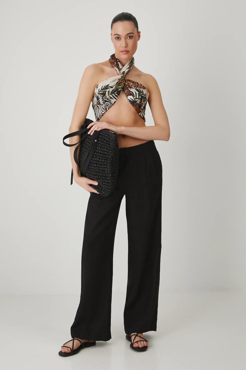 Lněné kalhoty Medicine dámské, černá barva, široké, medium waist