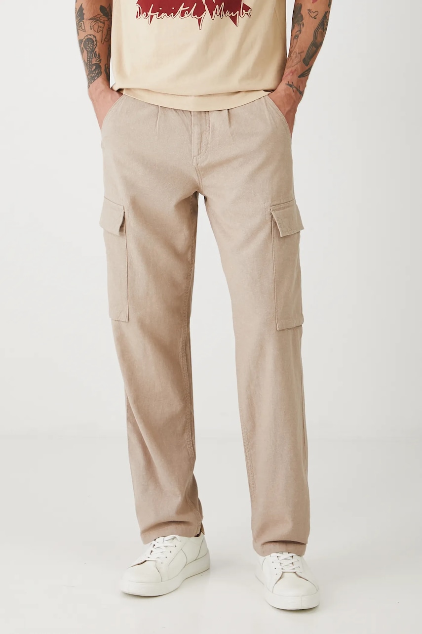 Lněné kalhoty Medicine pánské, béžová barva