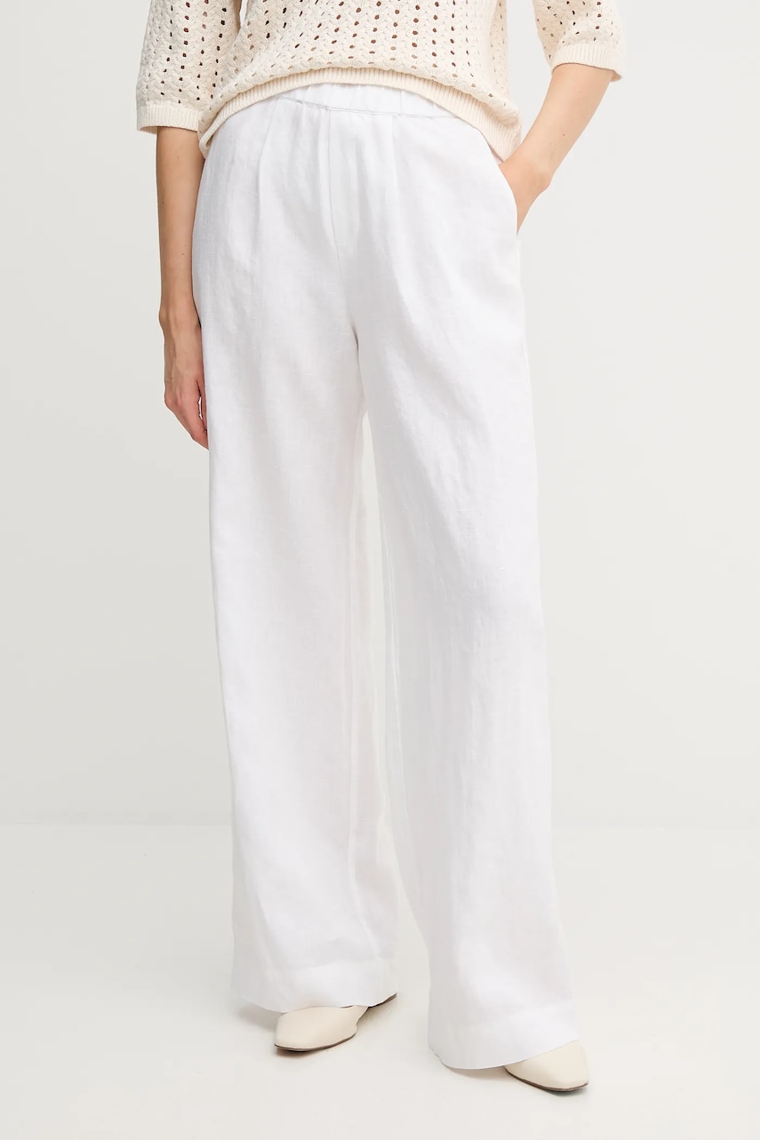 Lněné kalhoty OUI dámské, bílá barva, široké, high waist, 92821