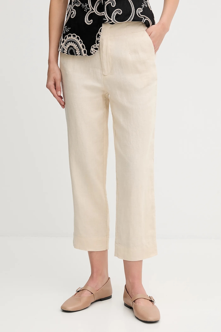 Lněné kalhoty Pedro del Hierro dámské, béžová barva, high waist, 7609781