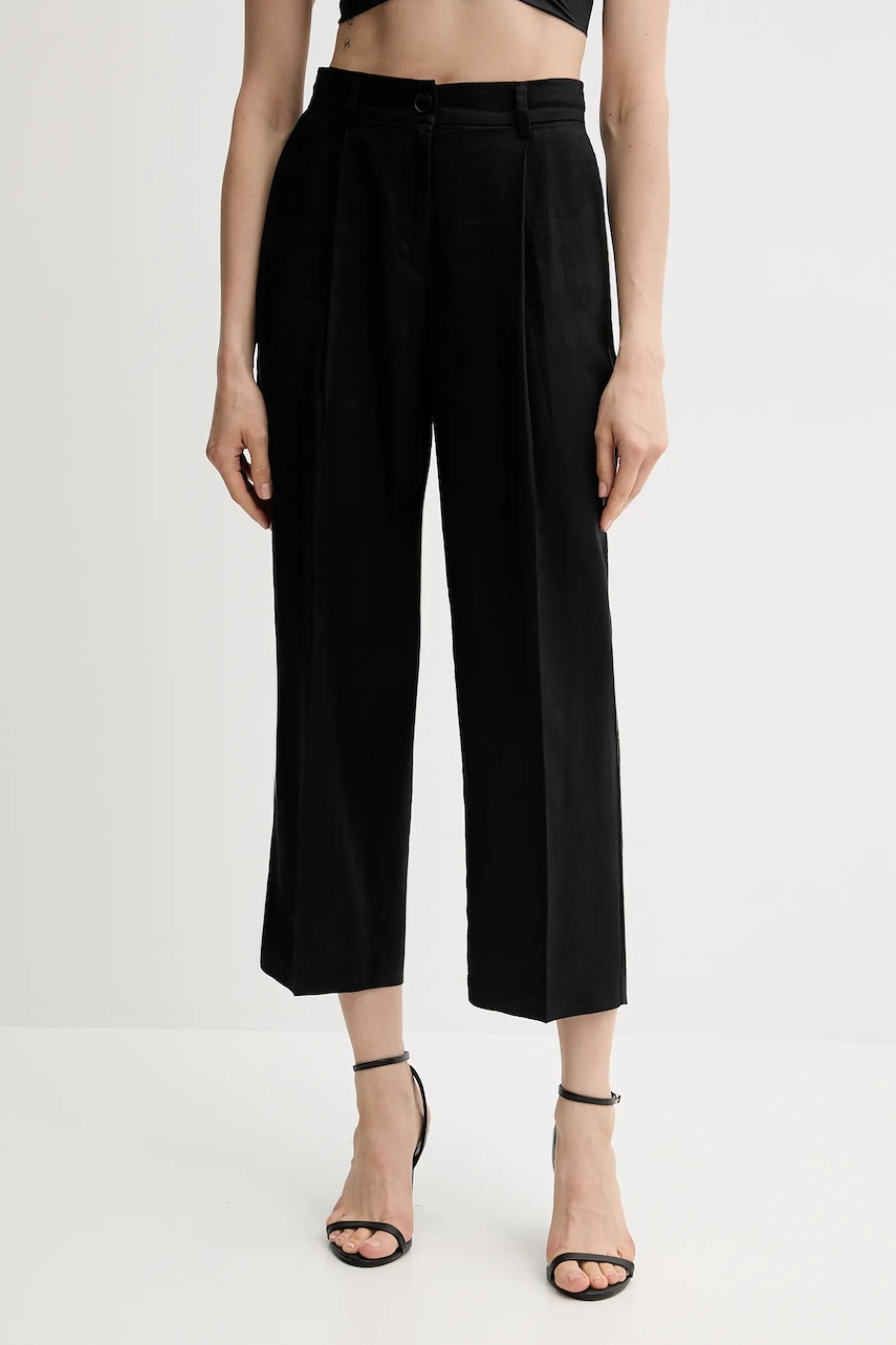 Lněné kalhoty Sisley dámské, černá barva, široké, high waist, 4AGHLF06R