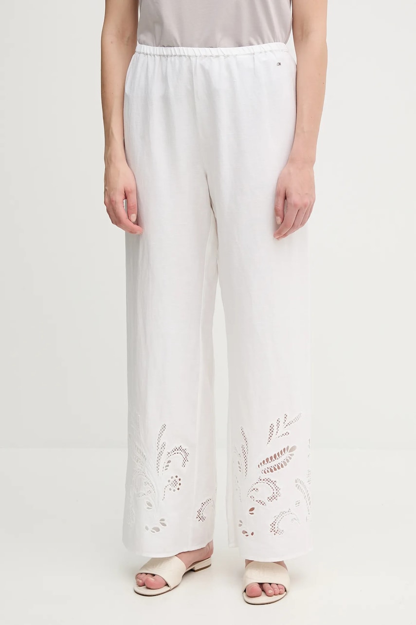 Lněné kalhoty Tommy Hilfiger dámské, béžová barva, high waist, WW0WW44782