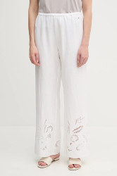 Lněné kalhoty Tommy Hilfiger dámské, béžová barva, high waist, WW0WW44782