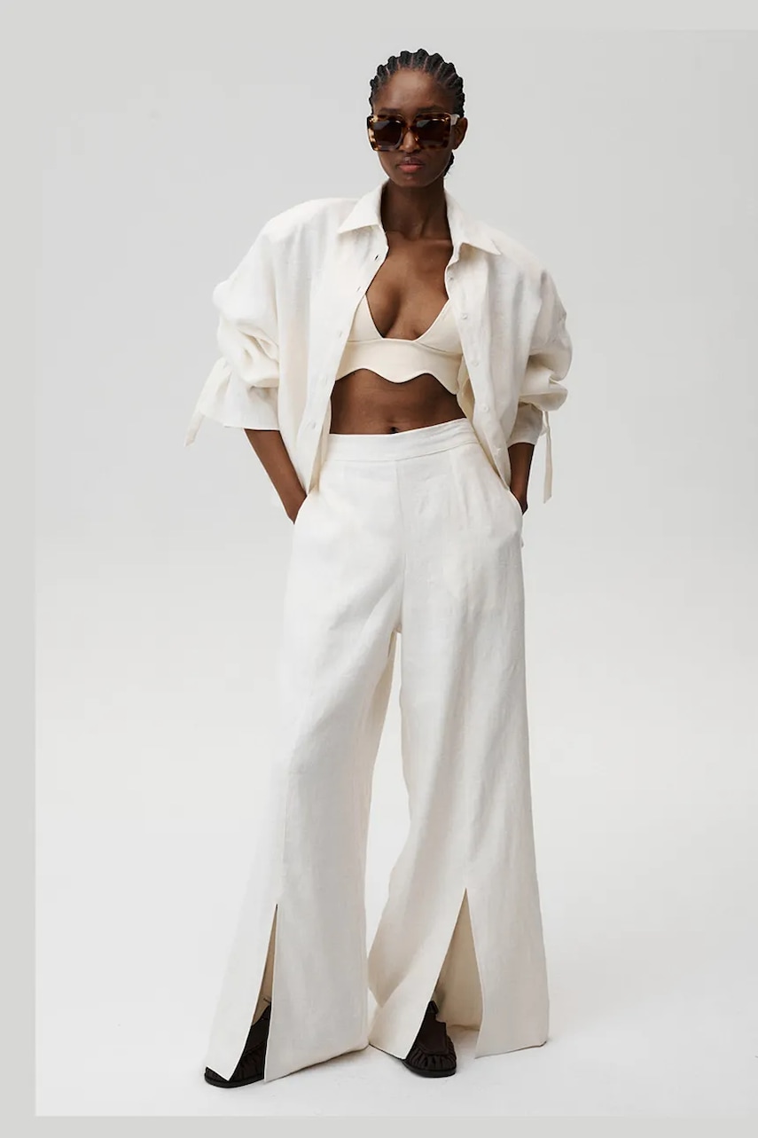 Lněné kalhoty Undress Code Fortuna Pants dámské, béžová barva, široké, high waist, 894