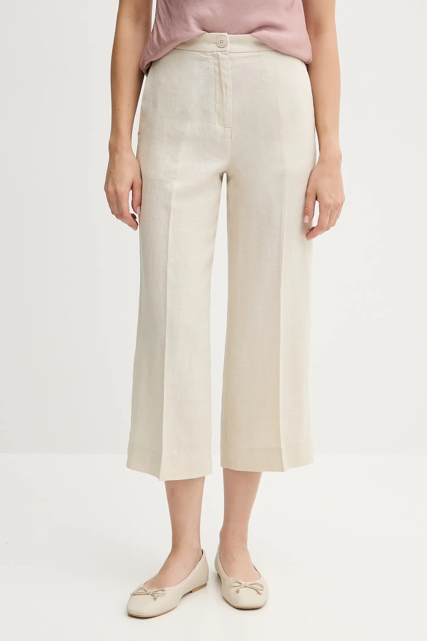 Lněné kalhoty United Colors of Benetton dámské, béžová barva, high waist, 4AGHDF08M