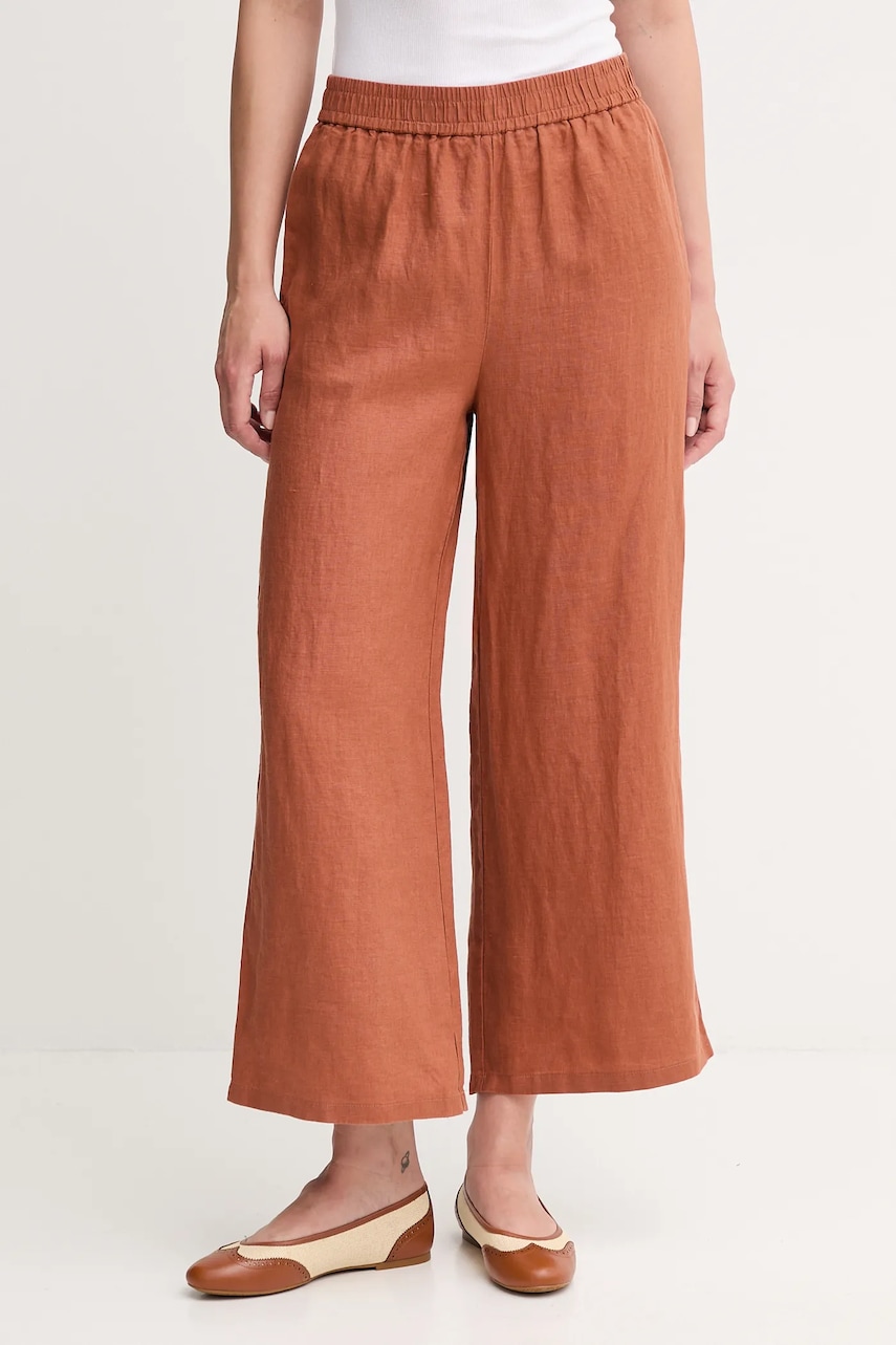 Lněné kalhoty United Colors of Benetton dámské, hnědá barva, high waist, 4AGHDF09G