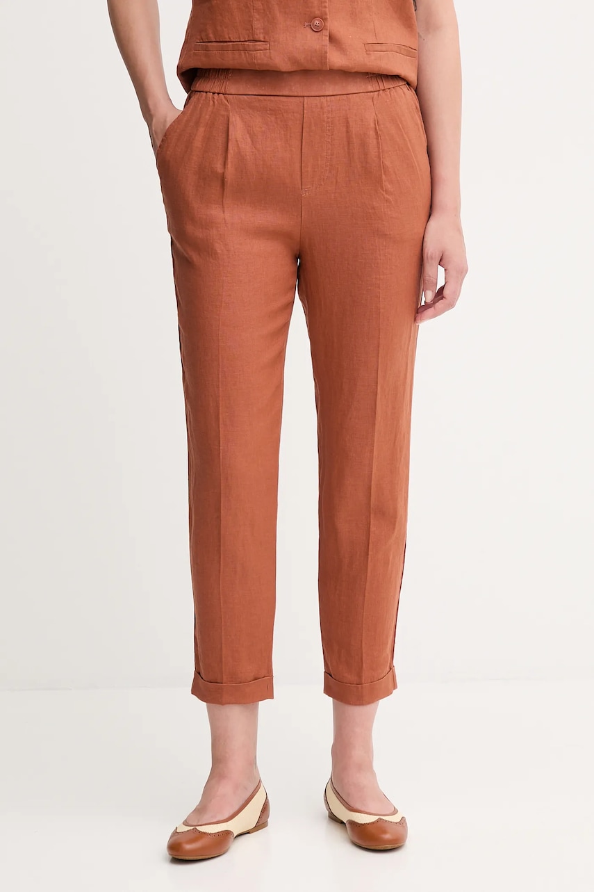 Lněné kalhoty United Colors of Benetton dámské, oranžová barva, high waist, 4AGHDF079