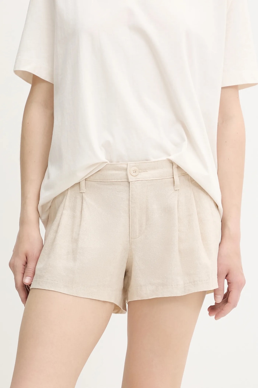 Lněné kraťasy Hollister Co. dámské, béžová barva, high waist, KI349-5124