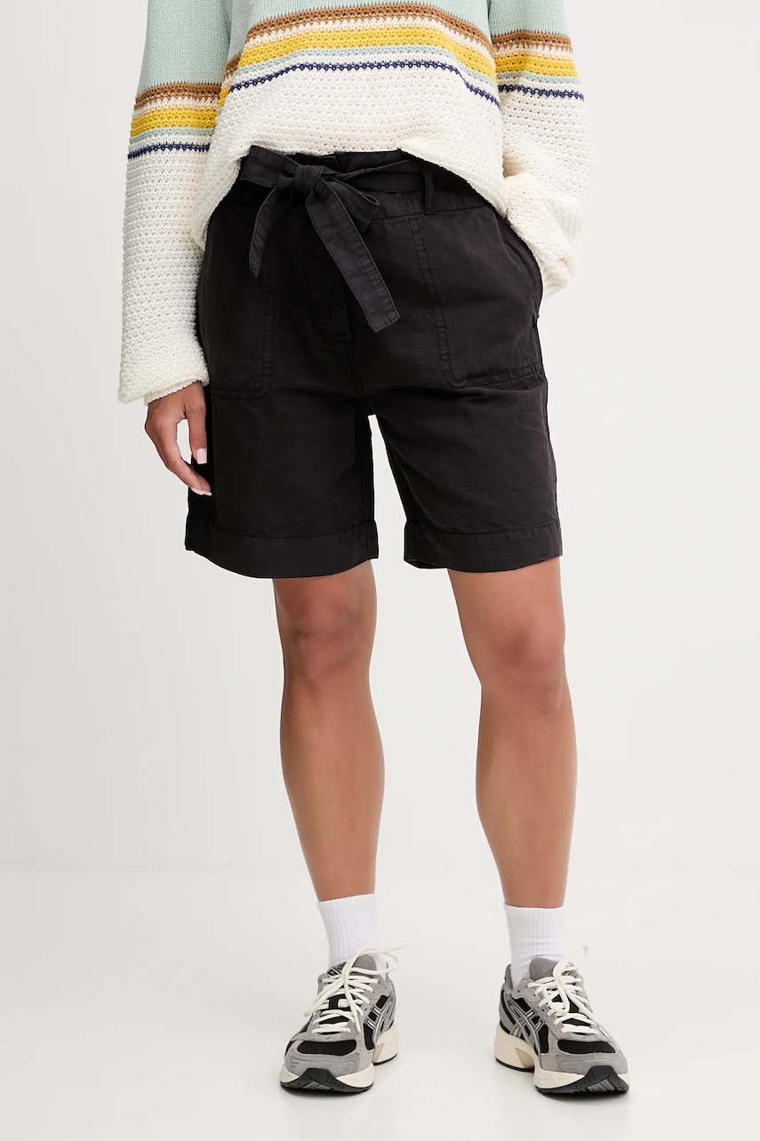 Lněné kraťasy Napapijri N-Nice dámské, černá barva, high waist, NP0A4IEX9411