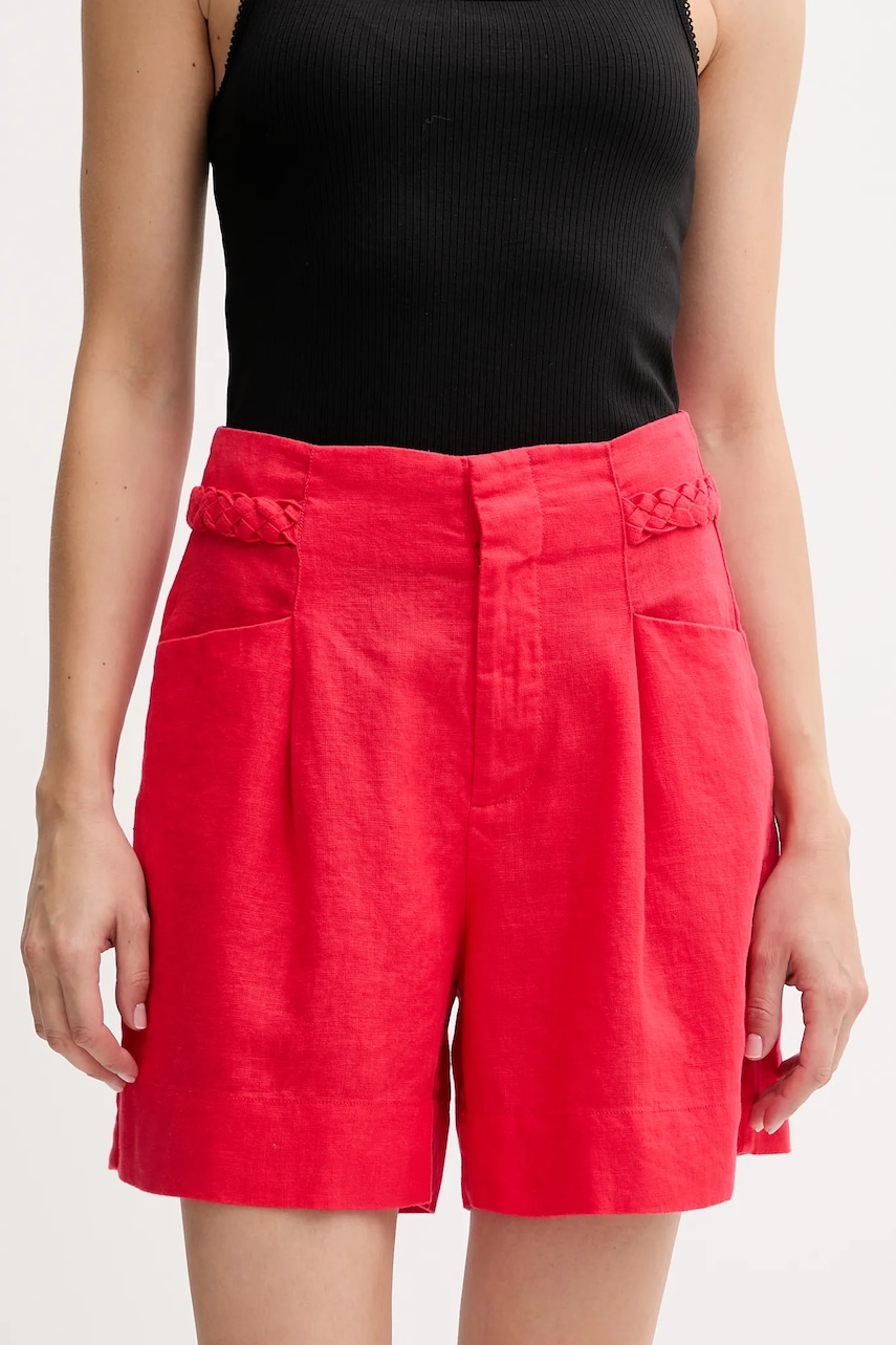 Lněné kraťasy Pedro del Hierro dámské, červená barva, high waist, 2459132