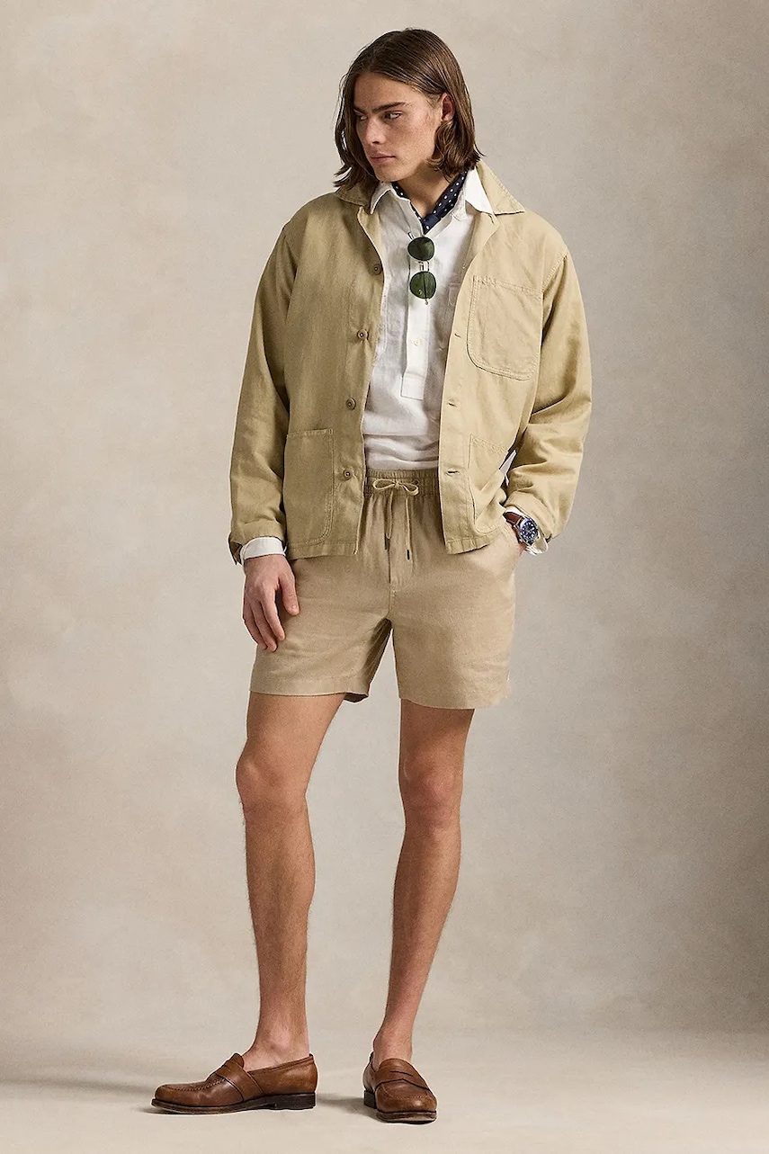 Lněné kraťasy Polo Ralph Lauren pánské, béžová barva, 710958586