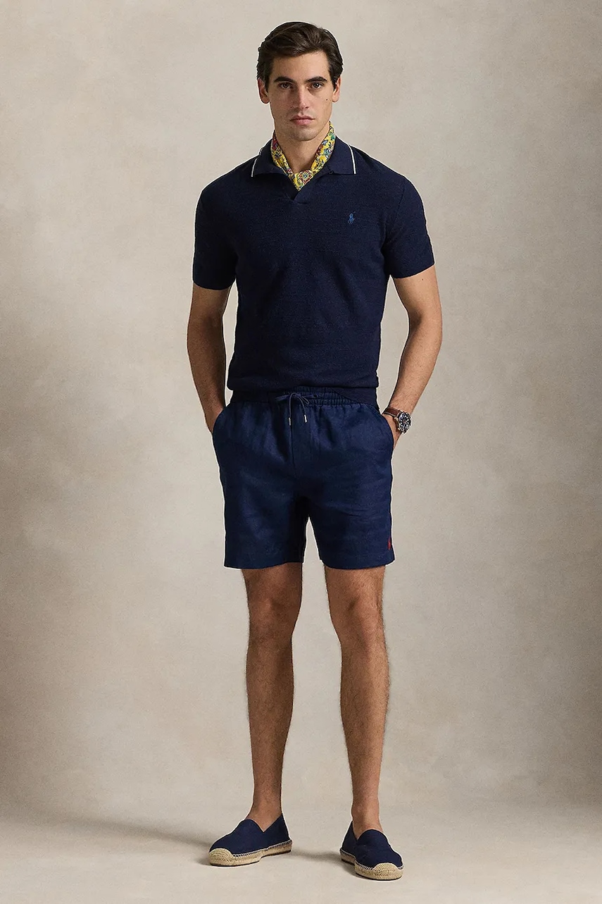 Lněné kraťasy Polo Ralph Lauren pánské, tmavomodrá barva, 710958586