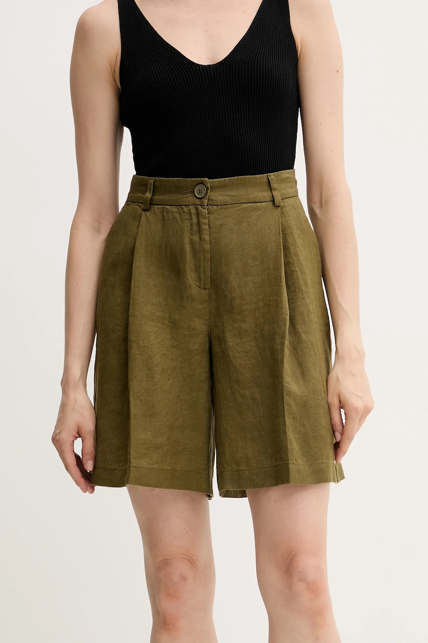 Lněné kraťasy Sisley dámské, zelená barva, high waist, 4AGHL901K