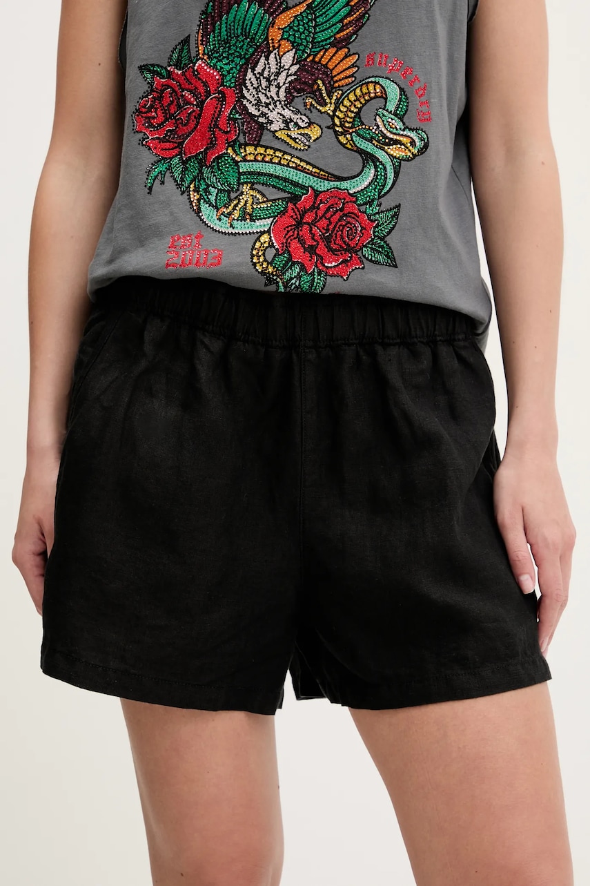 Lněné kraťasy Superdry dámské, černá barva, high waist, W7110450A-02A
