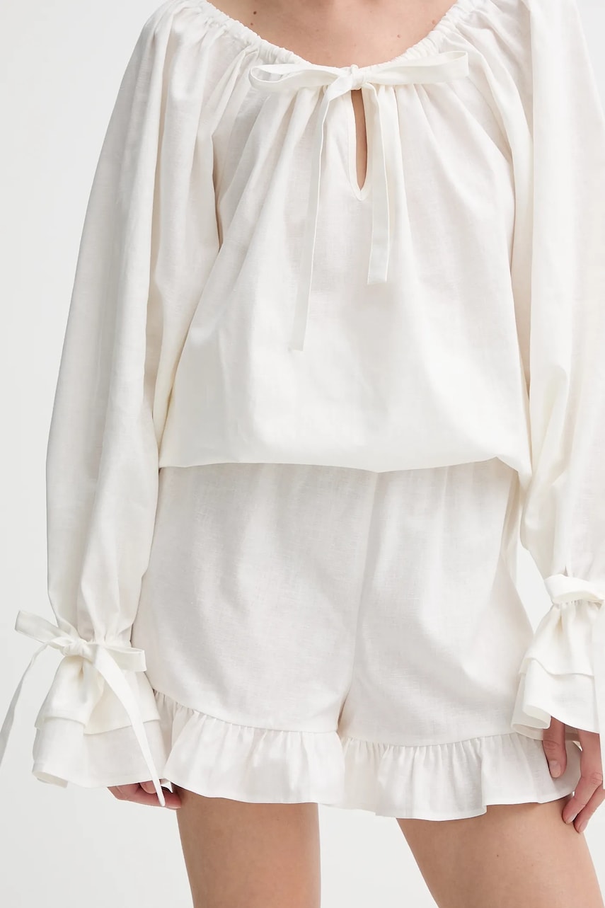 Lněné kraťasy The Sleeper dámské, béžová barva, high waist, CHSH01P009N