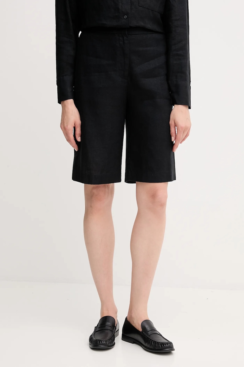 Lněné kraťasy Tommy Hilfiger dámské, černá barva, high waist, WW0WW46824