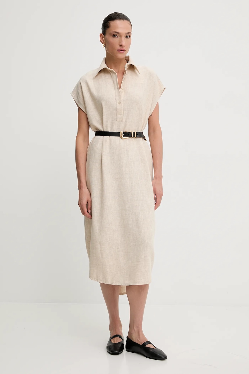 Lněné šaty Answear.LAB béžová barva, midi, oversize