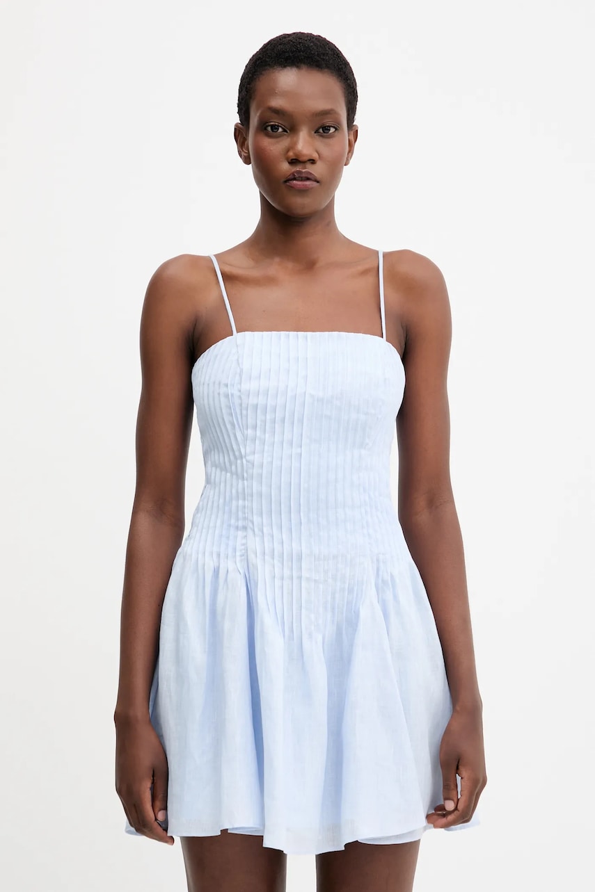 Lněné šaty Bardot modrá barva, mini, 59920DB