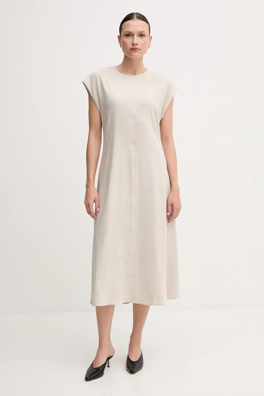 Lněné šaty Calvin Klein béžová barva, midi, LV044B041G