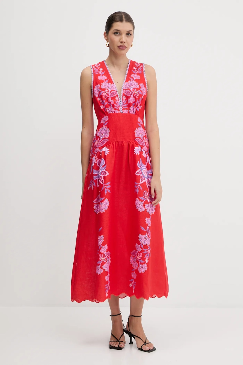 Lněné šaty Farm Rio červená barva, maxi, 336269