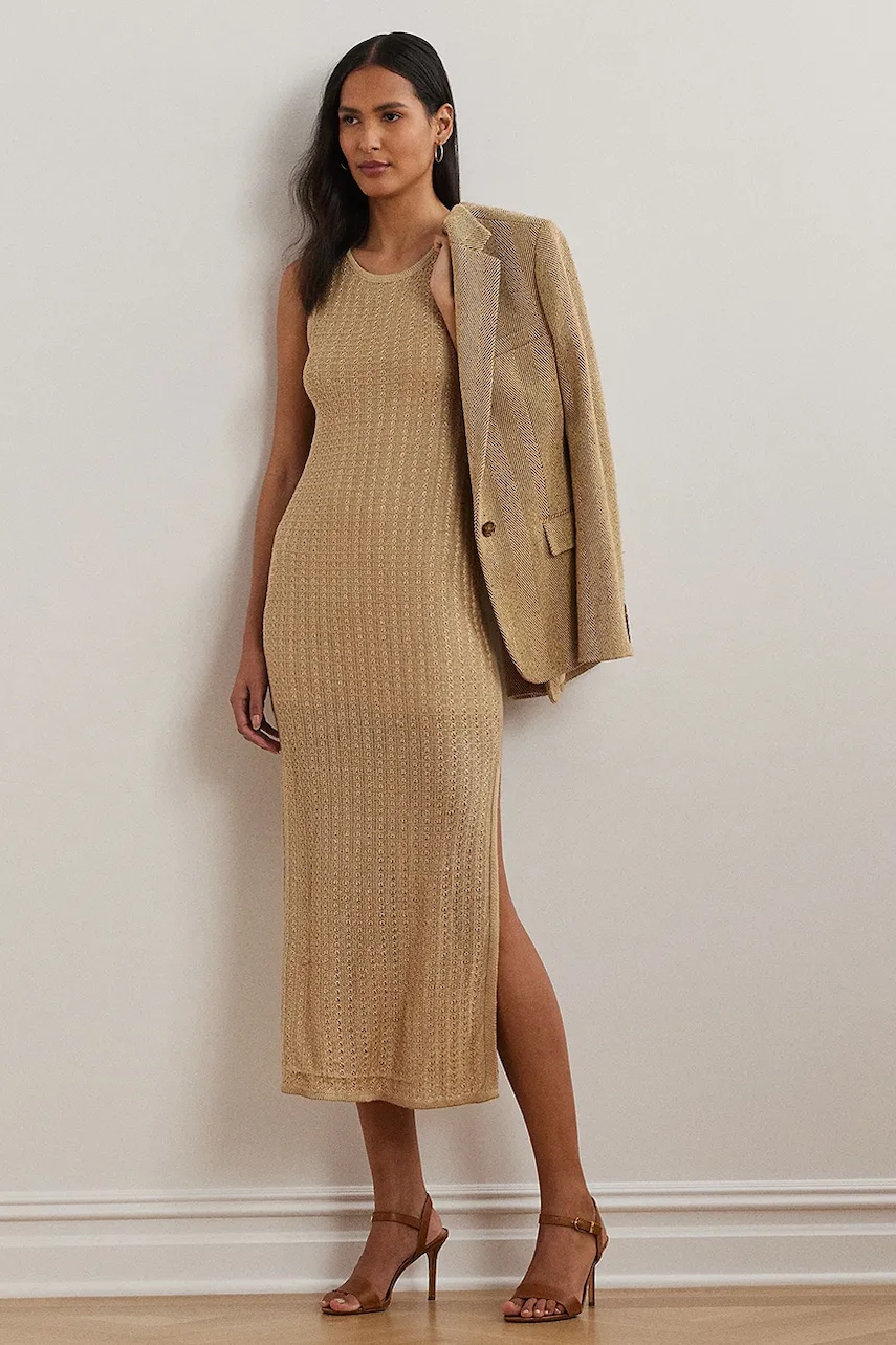 Lněné šaty Lauren Ralph Lauren béžová barva, midi, přiléhavé, 200963647