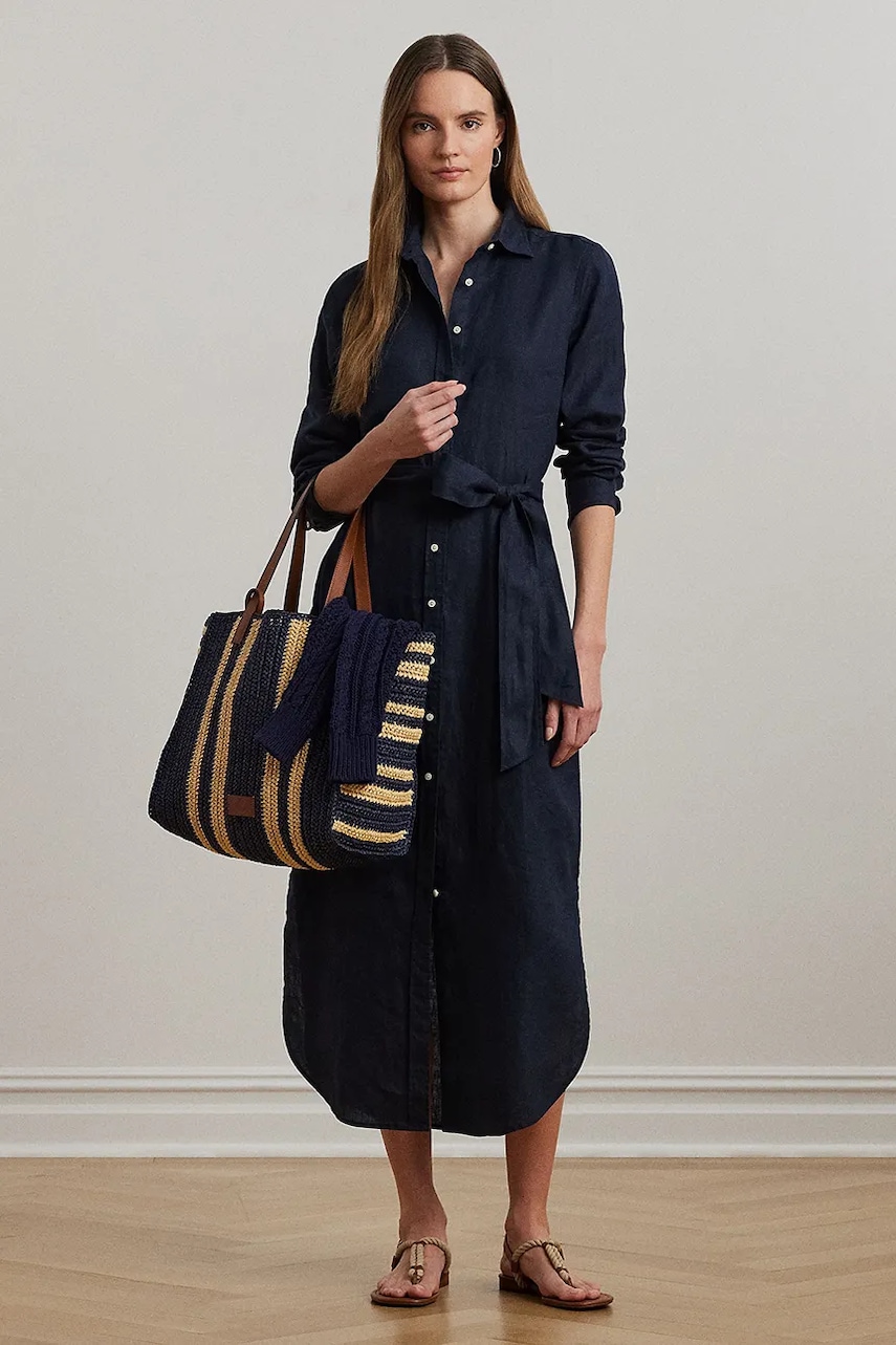 Lněné šaty Lauren Ralph Lauren tmavomodrá barva, midi, 200978672