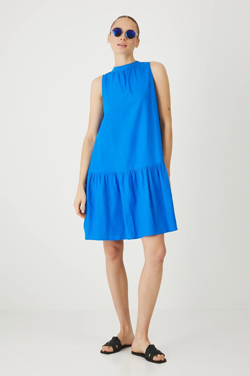 Lněné šaty Medicine modrá barva, mini, oversize