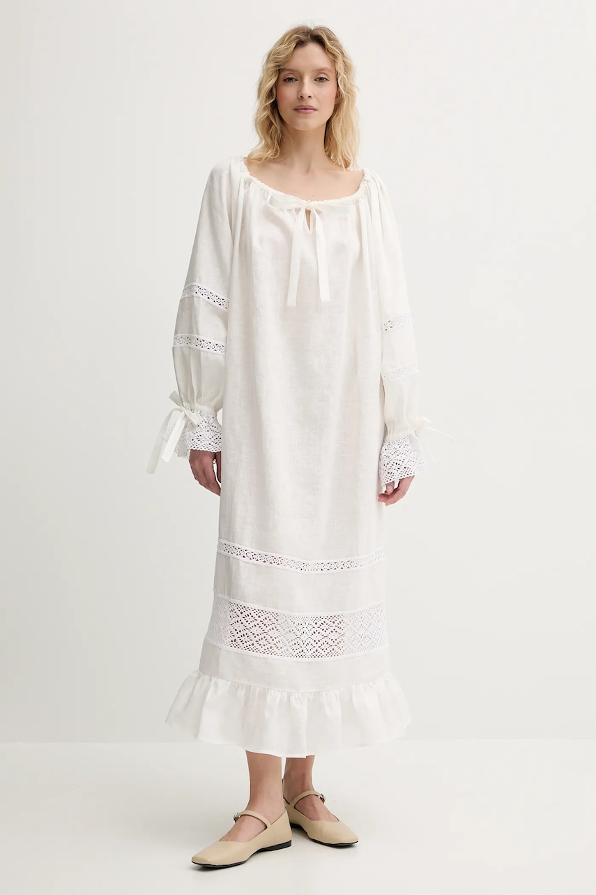 Lněné šaty The Sleeper béžová barva, midi, RMDR01P001L