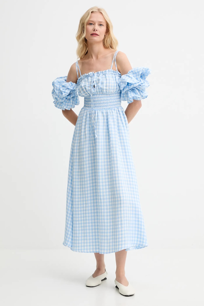 Lněné šaty The Sleeper modrá barva, midi, ALDR01G027N