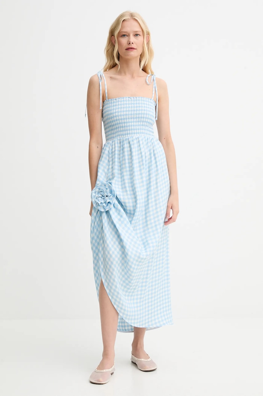 Lněné šaty The Sleeper modrá barva, midi, ATDR01G027R