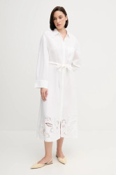 Lněné šaty Tommy Hilfiger béžová barva, midi, WW0WW45939